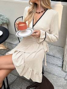 SHEIN Frenchy Women's Elegant Autumn Black Contrast Trim V-Neck Ruffle Hem Long Sleeve Mini Dress,French Style Wrap Holiday Brunch Outfits,Vintage Christmas Dress - Apricot - View 4