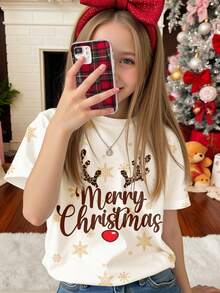 SHEIN Happikins 女童休闲可爱卡通豹纹、驯鹿、红鼻子、雪花、圣诞快乐字母印花短袖圆领T恤，适合日常穿着和圣诞节 - 彩色 - 查看 3