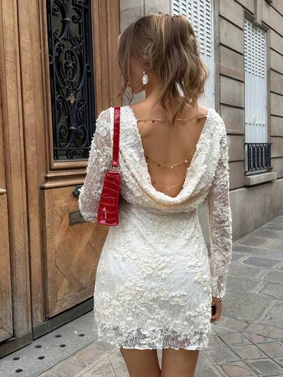 Serisse Women's Elegant Sexy Solid Color Backless Mini Dress,Wedding Chronicle White Top,French Elegance White Lace Backless Off-Shoulder Beaded Chain-Detail Long-Sleeve Slimming Waist-Defining Short Dress,French Elegance White Lace Backless Off-Shoulder Beaded Chain-Detail Long-Sleeve Slimming Waist-Defining Short Dress,White Outfit For New Year's Eve,White Dress Réveillon,White Dress For Women,Floral Dress,Shiny Dress,Elegant Dresses For Women ,Beach Dress,Elegant Party Dresses ,New Year's Outfit For Women ,White Dress New Year,Wedding Chronicle White Dress; Spring