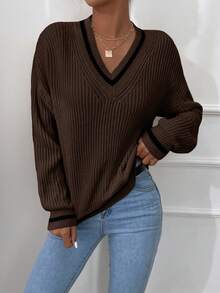 SHEIN Frenchy Suéter de cuello en V con hombros caídos y ribete a rayas - Marrón - Ver 3