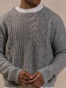 Musero Crew Neck Long Sleeve Cropped Multi Patch Pattern Cable Knit Style Jumper Sweater Autumn Winter Essentials - Light Grey - View 2