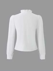 青少年白色衬衫，耳叶形蕾丝花边，长袖儿童衬衫，适合春秋季穿着，百搭女童立领上衣，学院风女童服装，珍珠纽扣儿童服装 - 白色 - 查看 3