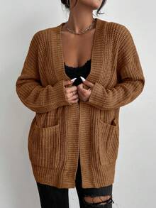 EMERY ROSE Casual Solid Color Front Cardigan With Pockets, Autumn/Winter - Mocha Brown - View 5