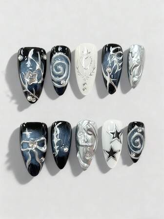 Goth 10sheets/Set Black Style High-Quality False Nails With 3pcs Adhesive, Metal Punk Y2K Nail Art Stickers, Removable Thorns Heart Butterfly Decoration With Faux Pearl And Rhinestone Asymmetrical Lines, Perfect For Festival, Party, Dance And Daily Wear.