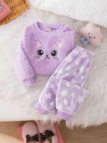 女婴可爱休闲紫色毛绒卡通图案长袖睡衣套装