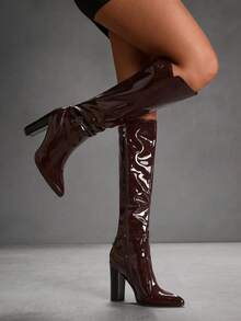 CUCCOO SZL 女士时尚英伦风骑马靴，性感尖头搭扣粗跟修身高筒过膝礼服靴 - 咖啡棕 - 查看 4