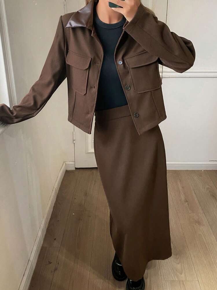 Women's Casual PU Leather Patchwork Collar Pocket Jacket And Straight Skirt 2 Pieces Set, Autumn