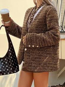 DAZY 女士休闲V领碎花粗花呢常规款外套，秋季女式大衣 - 棕色 - 查看 6