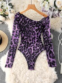 Franclia Damen Mode Leoparden-Muster Mesh transparente Schulter Langarm Bodysuit - Violett - Übersicht 2