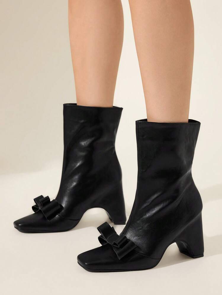 CUCCOO CHICEST Square Toe Wedge Heel Bowknot Mid-Calf Boots For Women