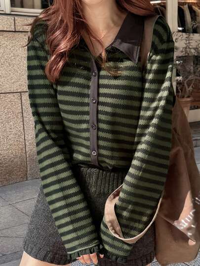 FRIFUL 女士休闲撞色条纹纽扣前开襟T恤，秋季长袖女款