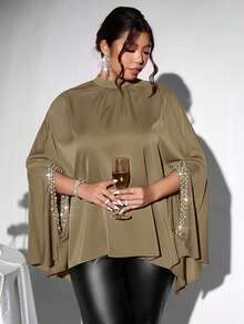 Firerie 中式立领斗篷式宽松蝙蝠袖衬衫，珍珠亮片装饰，优雅大码女式衬衫，适合情人节、音乐会、演出、约会、正式场合、通勤、返校、浪漫、办公室穿着、美人鱼风格、生日派对 - 卡其色 - 查看 2
