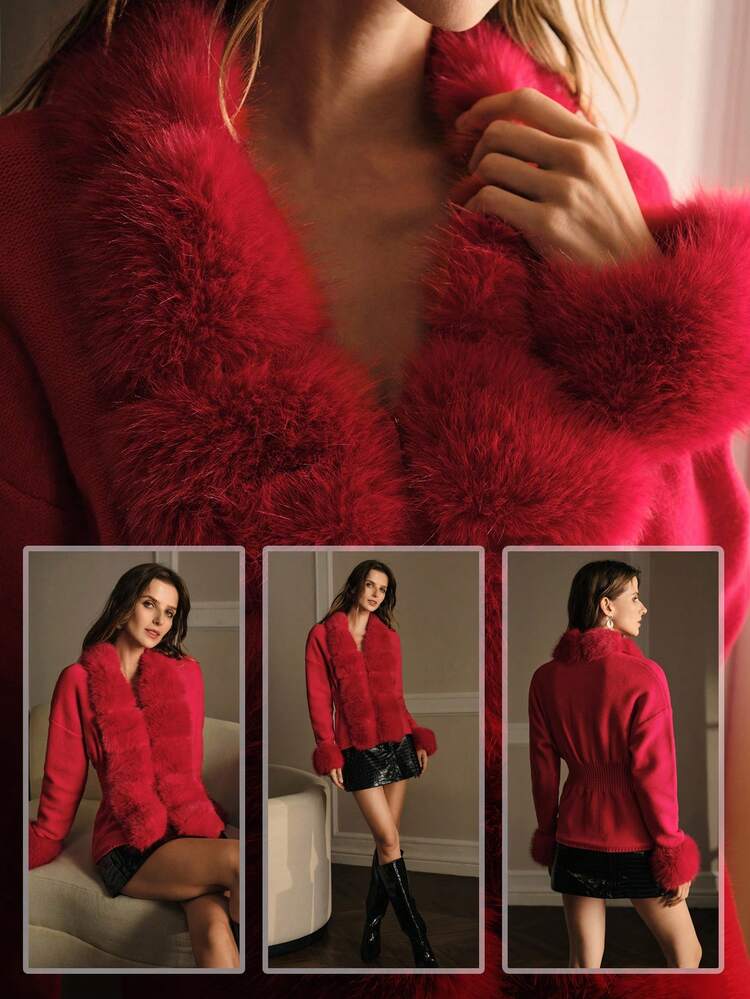 CONTRAST FUZZY TRIM CARDIGAN