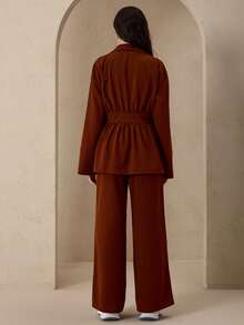 Graceveil 女士休闲拉链喇叭裤阿拉伯风格套装，秋冬款 - 咖啡棕 - 查看 2