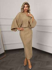 Xyvia 优雅卡其色提花麻花针织毛衣和直筒裙两件套，适合通勤，秋冬 - 卡其色 - 查看 5