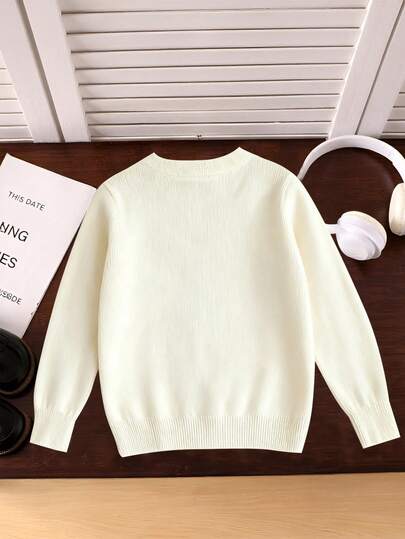 SHEIN 1pc Tween Girls' Casual Minimalist Sweater, Cute Bear Print Long Sleeve Loose Knit Pullover, Suitable For School, Leisure Activities In Autumn/Winter