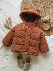 SHEIN Vintaside Kids Babygirl Baby GirlWinter Long Sleeve Hooded Jacket, Cute, Fashionable, Versatile, Perfect For Outdoor Travel, Provides Sufficient Cold Protection, Stylish And Practical - Khaki - View 5