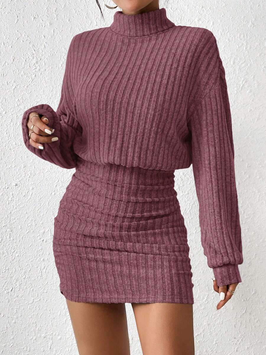 SHEIN Frenchy 女士优雅纯色高领罗纹修身连衣裙,秋冬款 - 粉色 - 查看 1