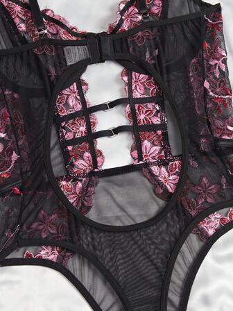 1 st sexig damunderkläder med blommig broderi i mesh