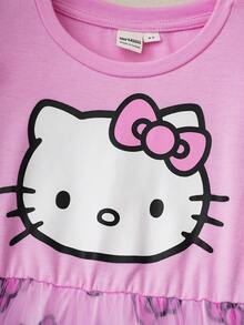 HELLO KITTY AND FRIENDS | SHEIN 年轻女孩甜美可爱印花圆领长袖网眼蝴蝶结全身印花喇叭下摆针织粉色连衣裙 - 粉色 - 查看 5