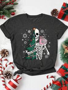 SHEIN CURVE+ Plus Size Women's Summer Christmas Skeleton Christmas Tree Patchwork Print Loose Short Sleeve T-Shirt - Dark Grey - View 1