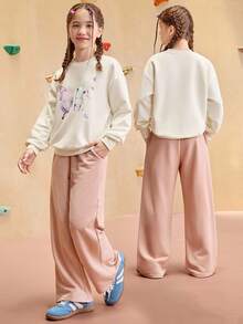 JNSQ Ensemble de 2 pièces pour préadolescentes : Sweat-shirt-shirt ample à col rond avec imprimé papillon + Pantalon de jogging à jambe droite décontractée, convient pour l'automne, l'hiver, le port quotidien, les activités extérieures, les vacances, le streetwear, les fêtes et les tenues décontractées