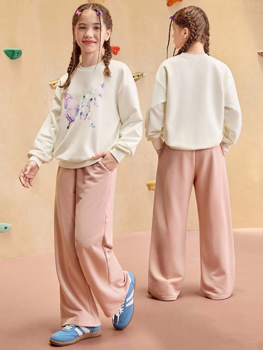 JNSQ Ensemble de 2 pièces pour préadolescentes : Sweat-shirt-shirt ample à col rond avec imprimé papillon + Pantalon de jogging à jambe droite décontractée, convient pour l'automne, l'hiver, le port quotidien, les activités extérieures, les vacances, le streetwear, les fêtes et les tenues décontractées