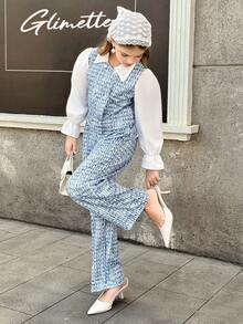 SHEIN 两件套：拼接长袖衬衫 + 休闲直筒裤 - 藍色 - 查看 3