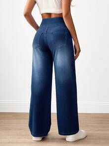 Flexra Celana Jeans Wanita Pinggang Tinggi dengan Kantong, Potongan Lebar, Longgar, Kasual, Serbaguna - Medium Wash - View 3