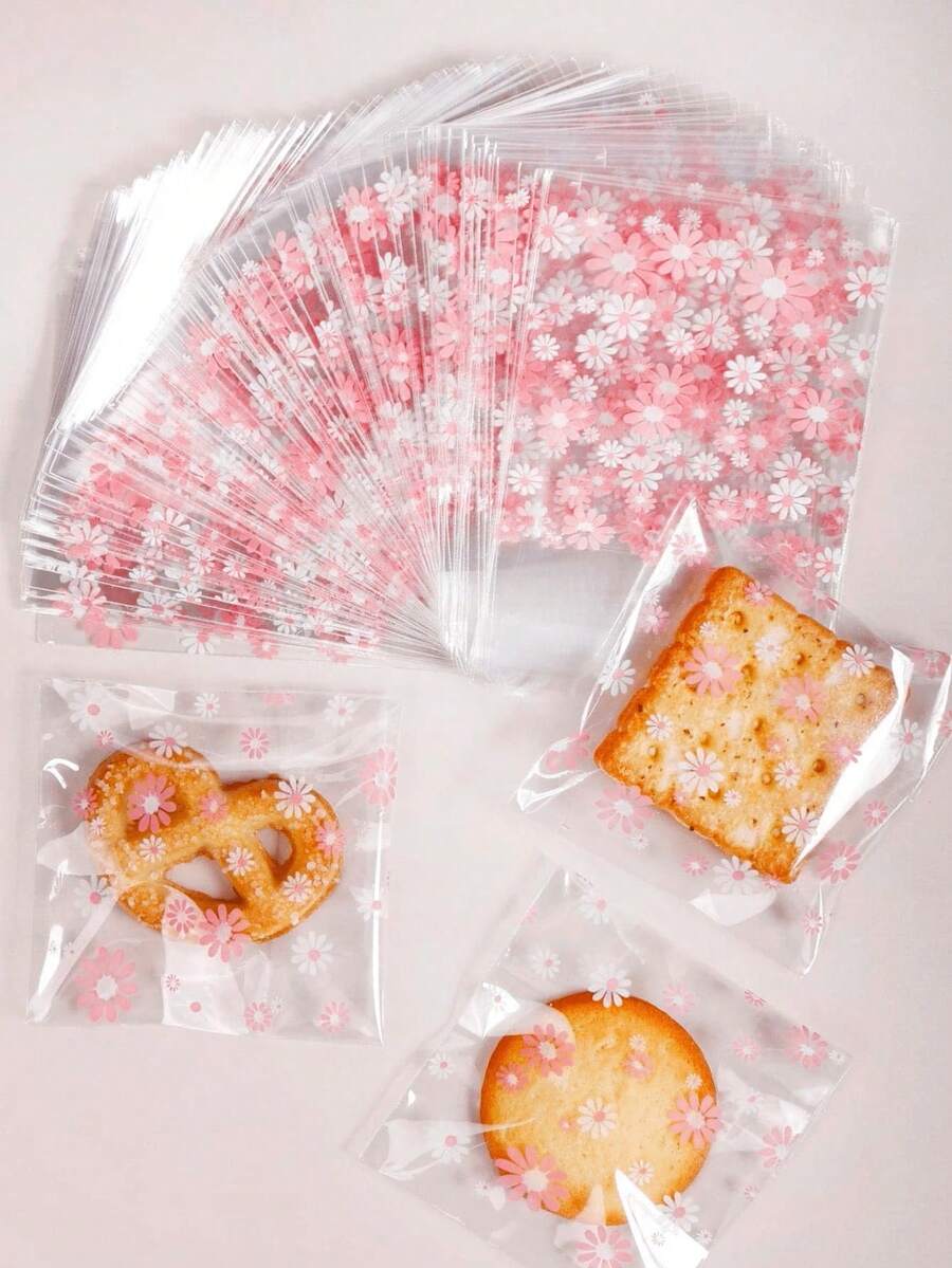 100/200个装,可爱卡通透明自粘面包袋,豆沙菠萝袋,烤吐司片袋,全麦面包自封包装袋,饼干袋,糖果自粘包装袋,适用于DIY烘焙装饰面包 - 粉色花瓣 - 查看 1
