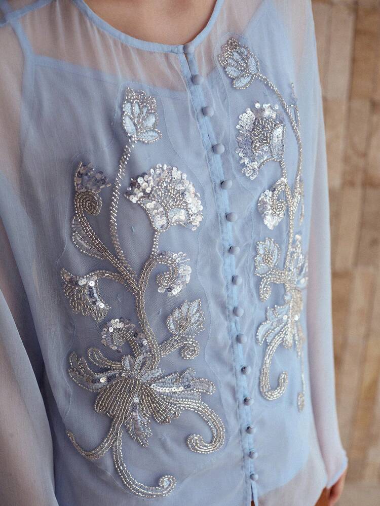 BLUSA DE MUJER DE MANGA LARGA CON BORDADO FLORAL DE LENTEJUELAS Y CUENTAS, LIGERA PARA OTOÑO
