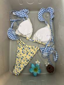 Swim Mod 2pcs Women Vacation Outfit Mod Stylish Cute Sexy Beach Party Plaid & Floral Random Print Ruffle Adjustable Strap Backless Triangle Top And Ruffle Cute Bikini Bottoms Set - Multicolor - View 2