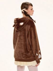 ROMWE Kawaii 女士可爱熊耳卫衣，毛绒面料，绣有熊掌图案 - 棕色 - 查看 3