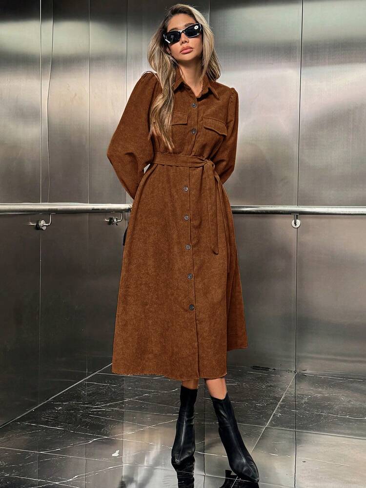 Airlisse Vestido Casual Feminino de Cor Sólida com Botões na Frente e Manga Farol, Outono - Café - Visão 6