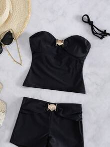 Bonvoyette Women's Elegant Black Bandeau Bikini Set With Removable Straps, 2026 Slimming High Waist Two Pieces Swimwear With Shell Embellishment, Bandeau Top & Boy Shorts, Casual Minimalist Chic Beachwear For Summer Vacation Resort Wear & Pool Party - Black - View 4