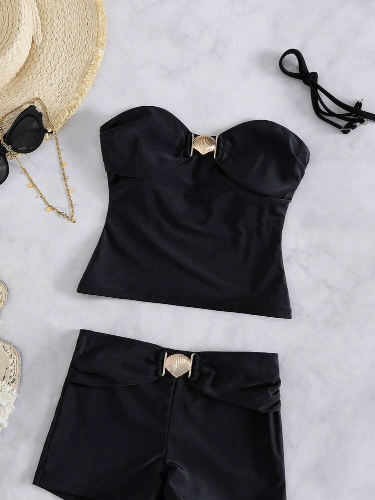 Swim Vcay Conjunto de bikini bandeau elegante negro para mujer de Bonvoyette con tirantes desmontables, traje de baño de 2 piezas con cintura alta estilizadora y adorno de concha, top bandeau y shorts tipo boy, ropa de playa minimalista y elegante para vacaciones de verano, resort y fiestas en la piscina - Negro - Añade 4
