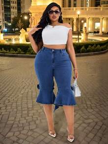 Slaydiva 大码女式弹力牛仔裤，饰有蝴蝶结，修身休闲七分喇叭裤腿牛仔套装 - 深色水洗藍 - 查看 3