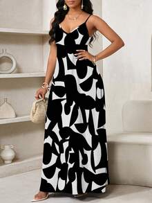 SHEIN Lady 几何印花长款吊带裙，适合日常休闲穿着