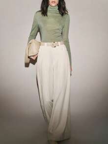 Lumivelle 女士针织透视网眼高领修身打底T恤 - 綠色 - 查看 6