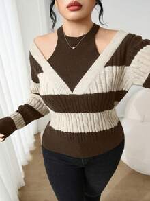 Modelyn Áo len hở vai kẻ sọc màu tương phản cỡ lớn, phong cách đường phố cho mùa thu - Lạc đà - Xem 1