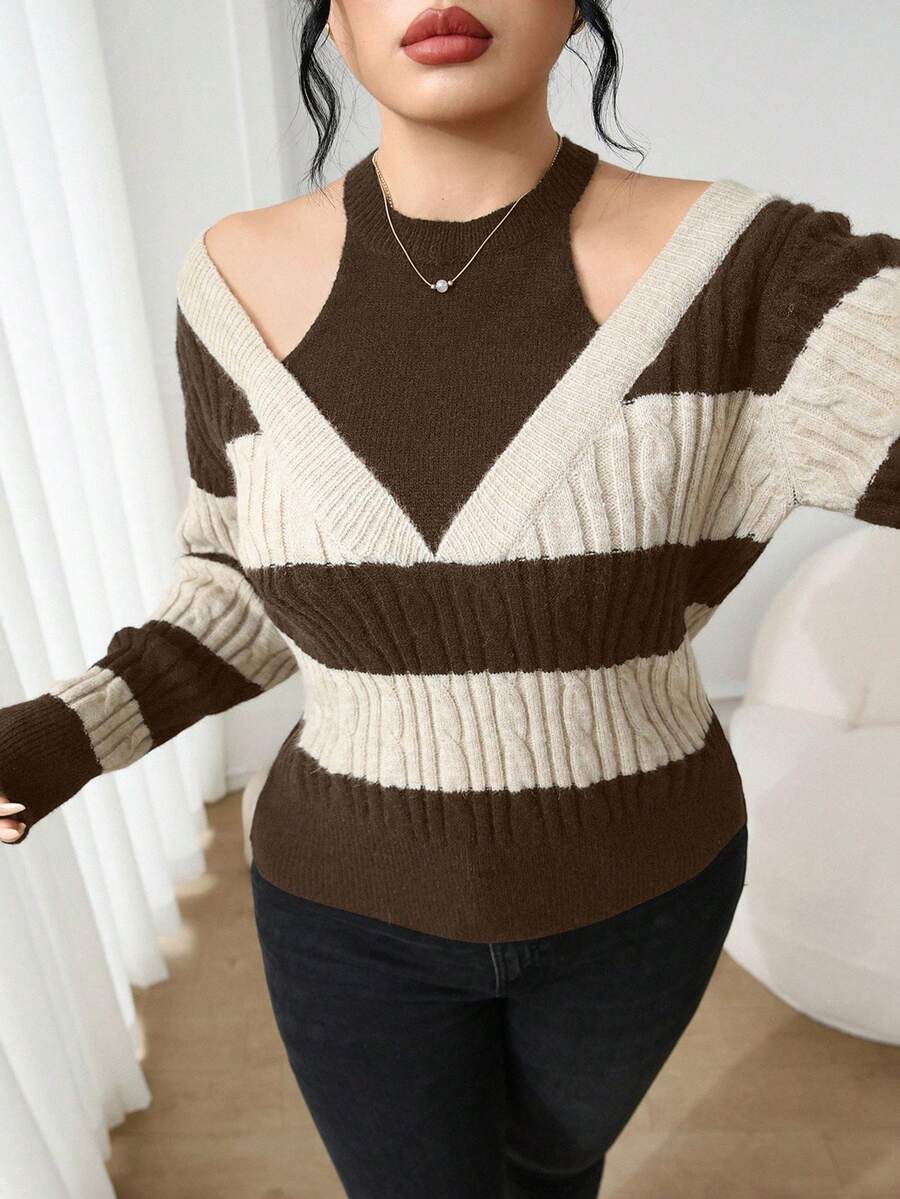 Modelyn Áo len hở vai kẻ sọc màu tương phản cỡ lớn, phong cách đường phố cho mùa thu - Lạc đà - Xem 1