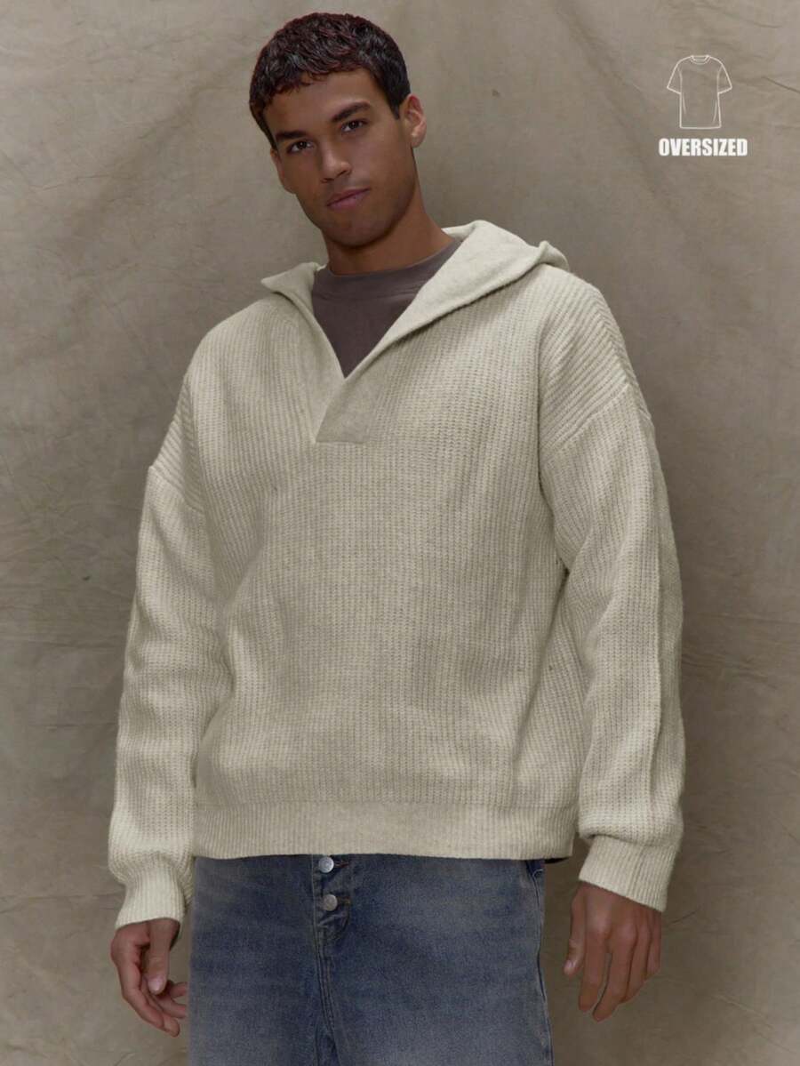 Musero Men Long Sleeve Oversized Heavy Premium Knit Hooded Jumper Sweater SPRING SUMMER Essentials - Apricot - View 1