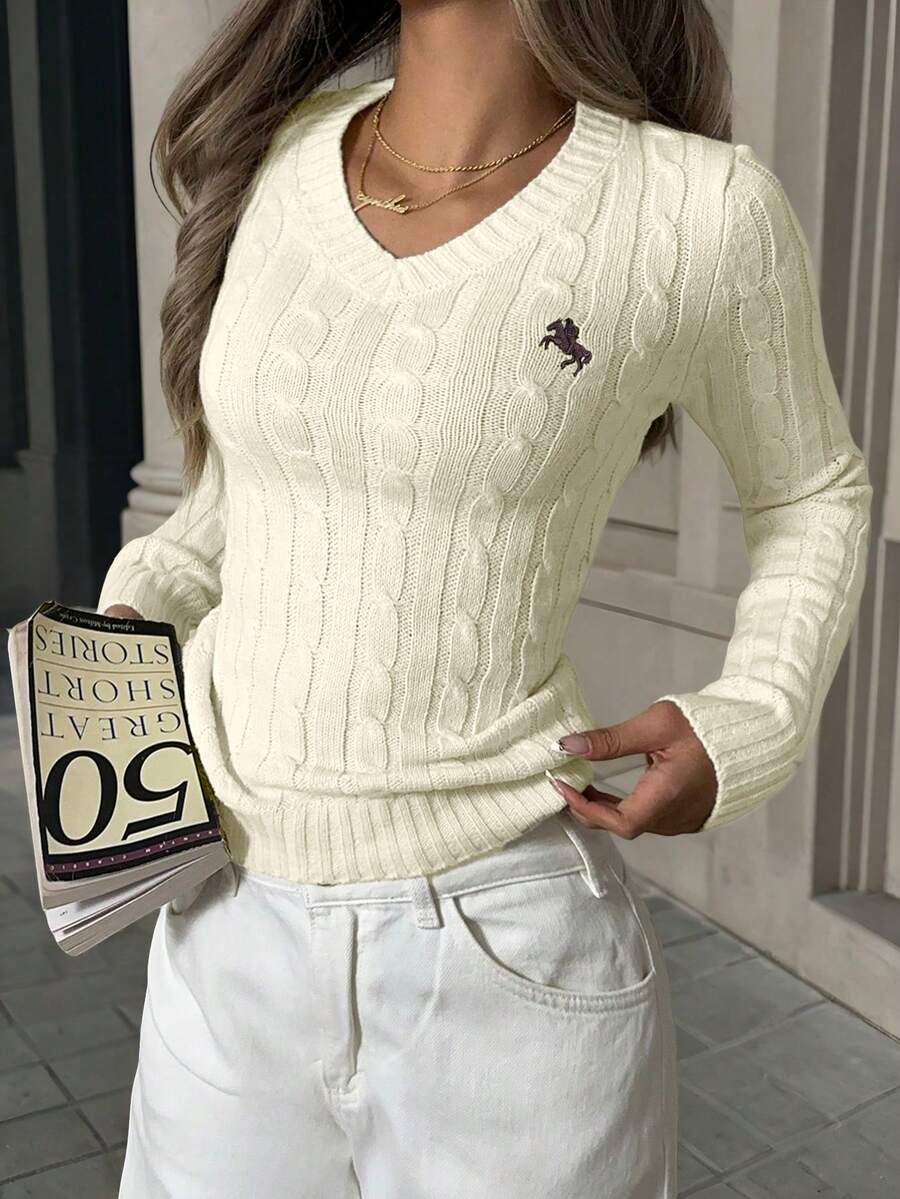 SHEIN EZwear 女士奶油黄色 V 领长袖休闲毛衣,日常穿着,秋冬校园上衣 - 杏色 - 查看 1