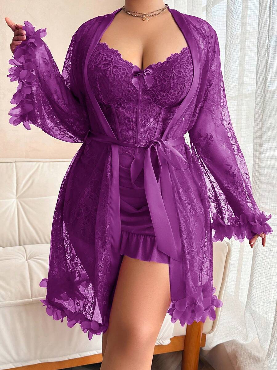 SHEIN 1 Set Plus Size Floral Lace Robe + Lace Slip Dress With Waist Cinching Design, 2pcs - Purple - View 1