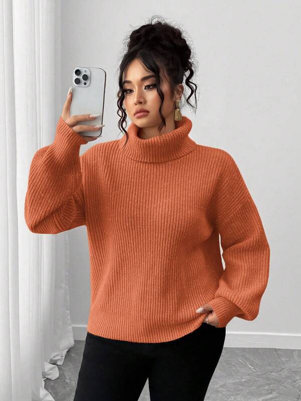 Elenzga Suéter de cuello alto de unicolor casual para mujer de talla grande, otoño/invierno