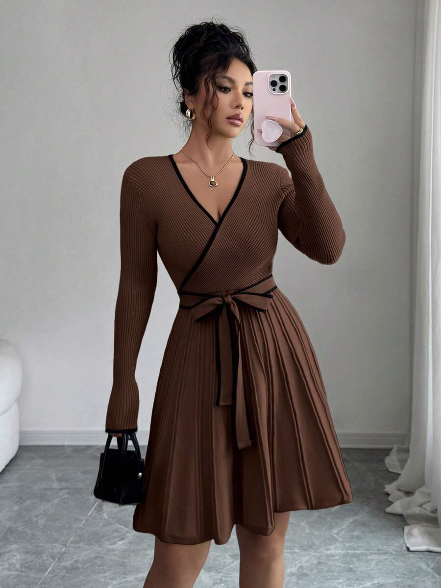 SHEIN Elenzya Váy len peplum viền tương phản cổ chữ V ôm sát thanh lịch dành cho nữ, mùa thu/đông - màu nâu - Xem 1
