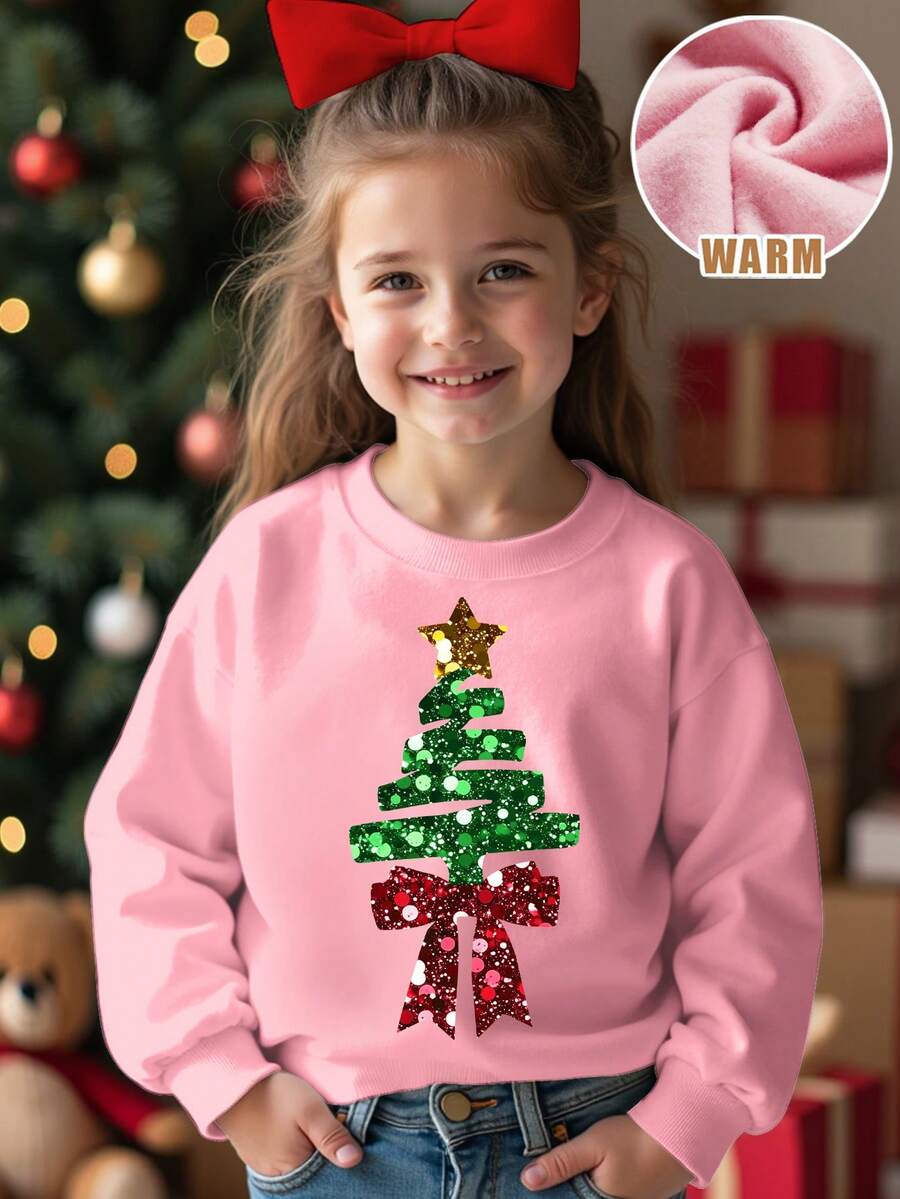 SHEIN Niedlicher, süßer Cartoon Weihnachtsbaum, Schleife, Stern Muster rosa lässig weite Rund-Ausschnitt bequem dick gestrickt Langarm Sweatshirt, geeignet für Herbst/Winter Weihnachten, Mädchen Weihnachten Outfit