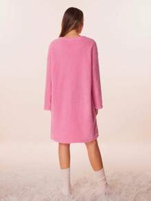 My Little Pony X SHEIN 女士可爱小马刺绣长袖抓绒睡衣连衣裙，秋冬可爱睡衣，粉色可爱睡袍，蓬松舒适