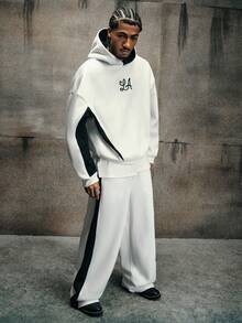 AXEPEAK Men's Contrast Color Patchwork Hoodie And Sweatpants Set - Black and White - View 2