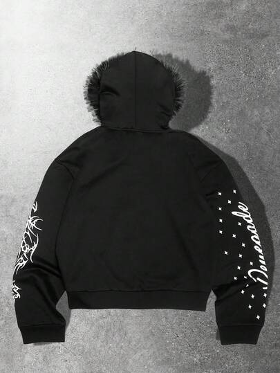 Sudadera con capucha con cremallera, estampado de letras y cuello esponjoso, corte holgado para hombre